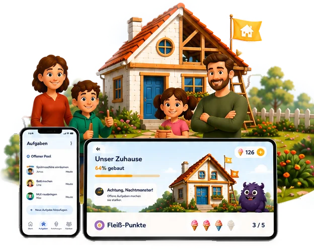 A family in front of the house they built together, with the Haushelden app on a phone and tablet beside them