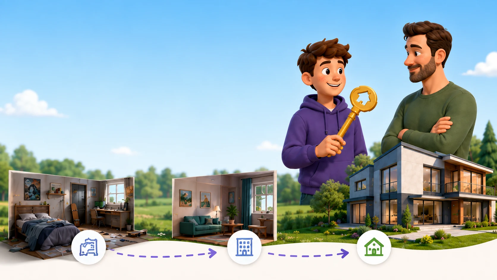 A teenager proudly shows his father a golden key, with the path from his own room through a small flat to a house of his own in the background