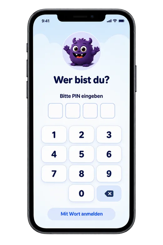 Smartphone mit der Anmeldung: „Wer bist du?“, PIN-Eingabefeld mit Zifferntastatur und der Schaltfläche „Mit Wort anmelden“