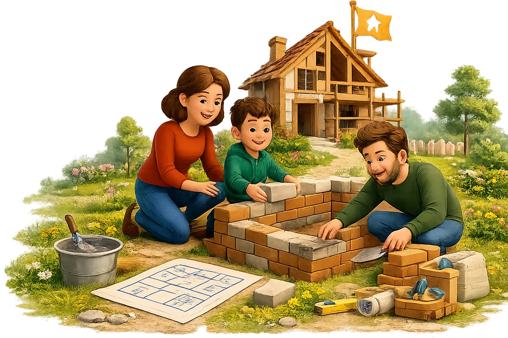 Eltern und Kind mauern gemeinsam an einem Fundament, dahinter das entstehende Haus