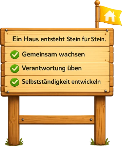 Holzschild: Ein Haus entsteht Stein für Stein – Gemeinsam wachsen, Verantwortung üben, Selbstständigkeit entwickeln