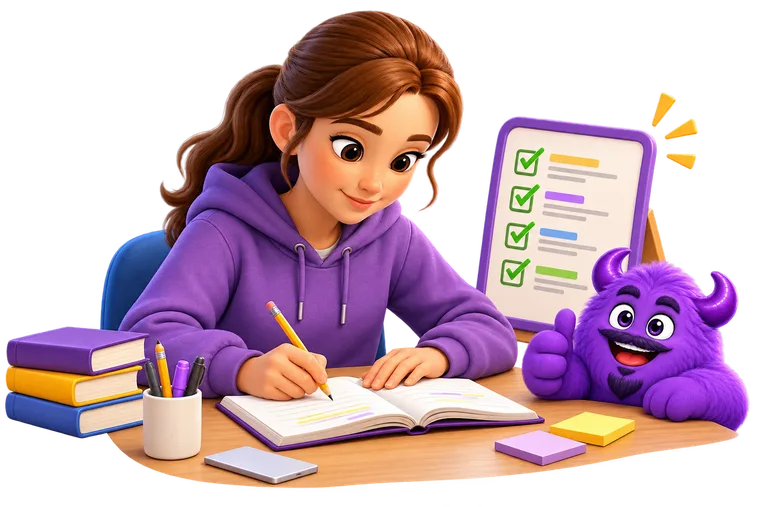 A girl studying at her desk beside the Haushelden study plan